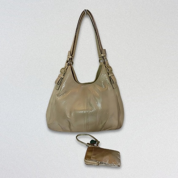 Coach Madison Maggie Hobo Bag/Poppy Wristlet Embossed Leather Metallic Gold W OS - Picture 3 of 10